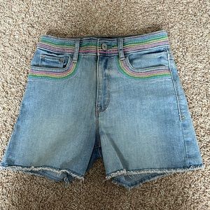 NWOT Gap Girls Blue Stretch High Waist Rainbow Embroidered Jean Shorts - 14 Slim